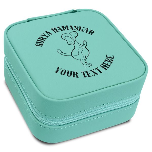 Custom Yoga Dogs Sun Salutations Travel Jewelry Box - Teal Leather (Personalized)