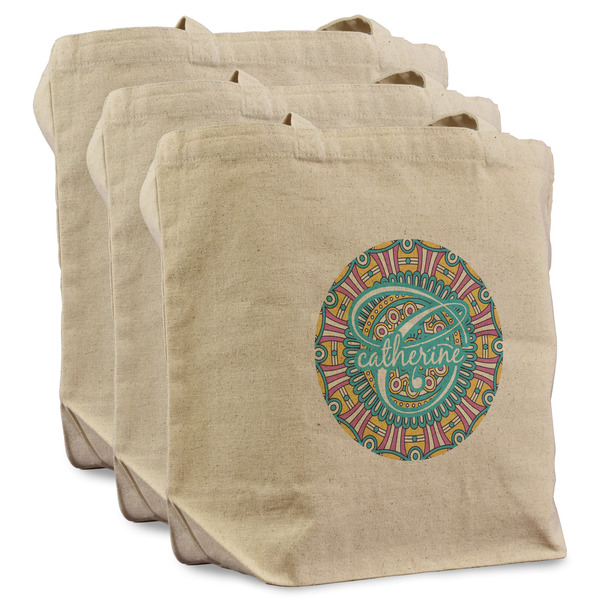 Custom Bohemian Art Reusable Cotton Grocery Bags - Set of 3 (Personalized)