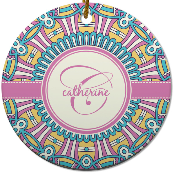 Custom Bohemian Art Round Ceramic Ornament w/ Name and Initial