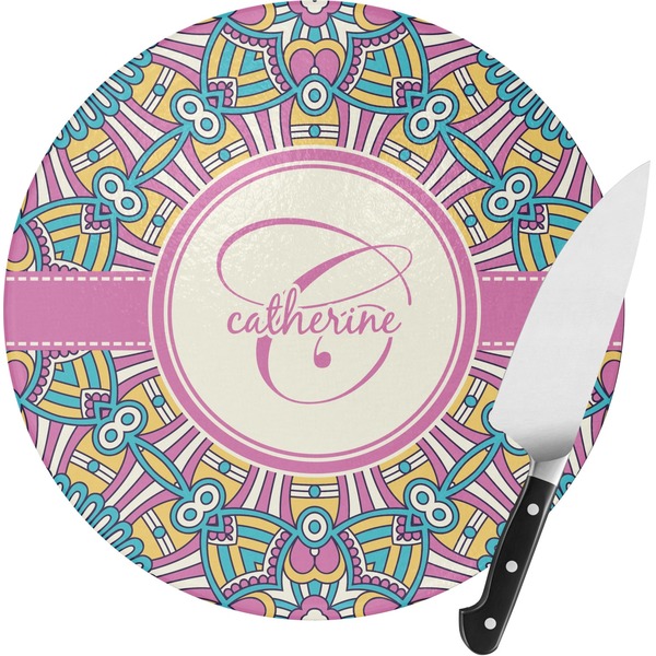 Custom Bohemian Art Round Glass Cutting Board (Personalized)