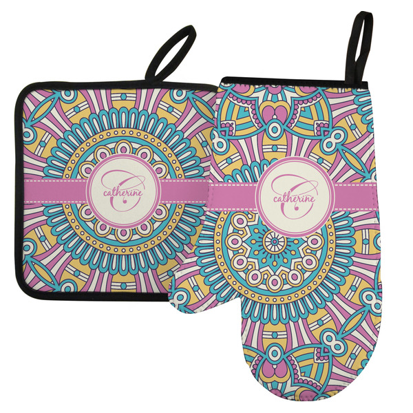 Custom Bohemian Art Left Oven Mitt & Pot Holder Set w/ Name and Initial