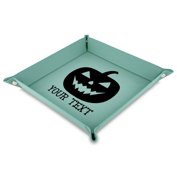 Custom Halloween Pumpkin Faux Leather Dice Tray - 9" x 9"  - Teal (Personalized)