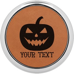 Halloween Pumpkin Leatherette Round Coaster w/ Silver Edge (Personalized)
