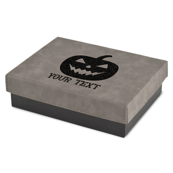 Custom Halloween Pumpkin Small Gift Box w/ Engraved Leather Lid (Personalized)