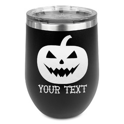 Halloween Pumpkin Stemless Stainless Steel Wine Tumbler - Black - Single Sided (Personalized)