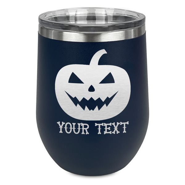 Custom Halloween Pumpkin Stemless Stainless Steel Wine Tumbler - Navy - Double Sided (Personalized)