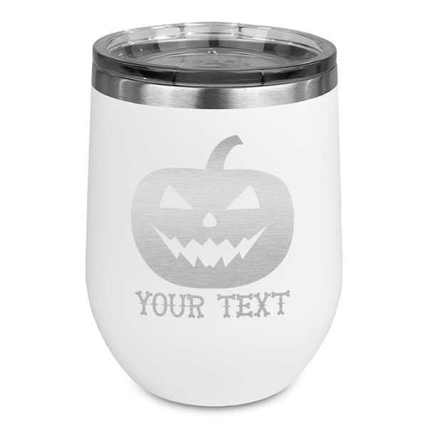 Custom Halloween Pumpkin Stemless Stainless Steel Wine Tumbler - White - Double Sided (Personalized)