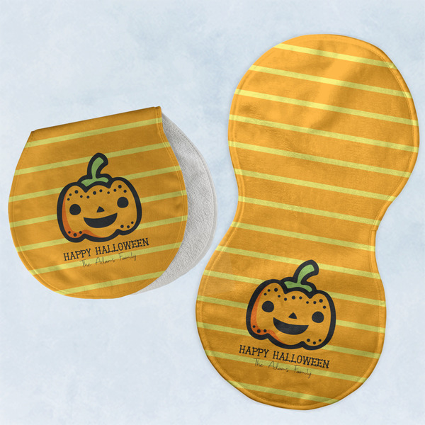 Custom Halloween Pumpkin Burp Pads - Velour - Set of 2 w/ Name or Text