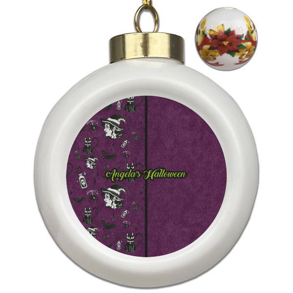 Custom Witches On Halloween Ceramic Ball Ornaments - Poinsettia Garland (Personalized)