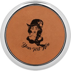 Witches On Halloween Leatherette Round Coaster w/ Silver Edge (Personalized)