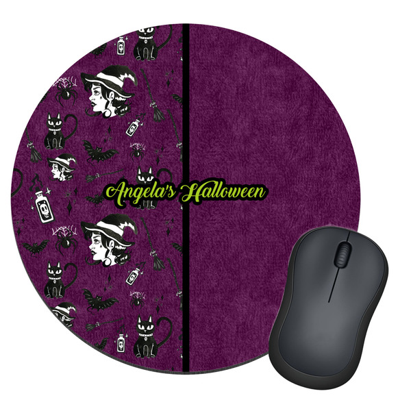 Custom Witches On Halloween Round Mouse Pad (Personalized)