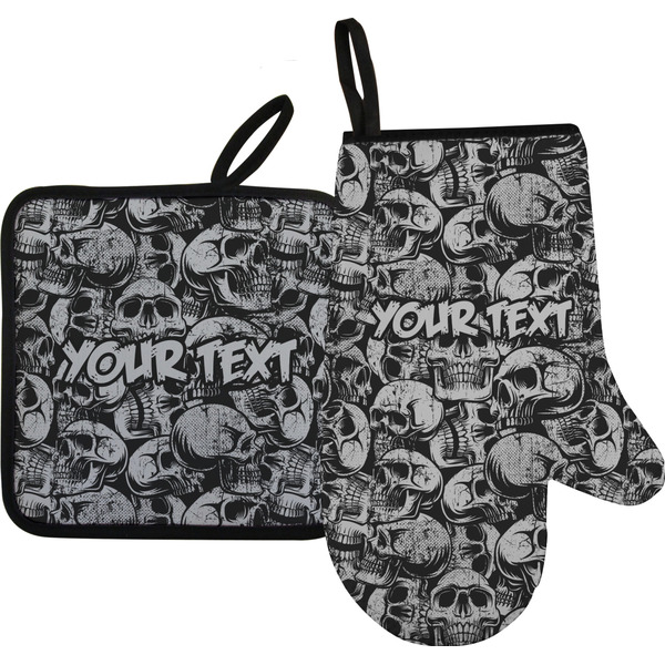 Custom Skulls Oven Mitt & Pot Holder Set w/ Name or Text