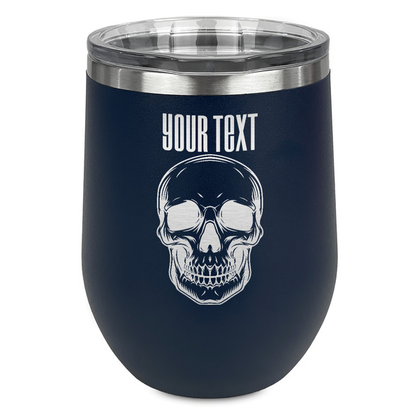 Custom Skulls Stemless Stainless Steel Wine Tumbler - Navy - Single Sided (Personalized)