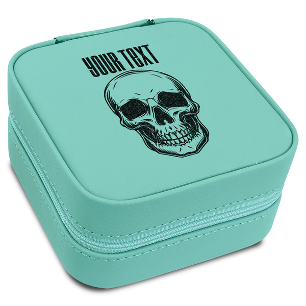 Custom Skulls Travel Jewelry Box - Teal Leather (Personalized)