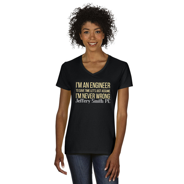 Custom Engineer Quotes Women's V-Neck T-Shirt - Black - Medium (Personalized)