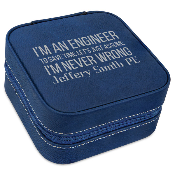 Custom Engineer Quotes Travel Jewelry Box - Navy Blue Leather (Personalized)