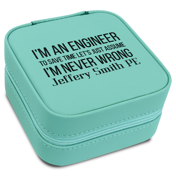 Custom Engineer Quotes Travel Jewelry Box - Teal Leather (Personalized)