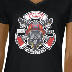 Firefighter Women's V-Neck T-Shirt - Black (Personalized)