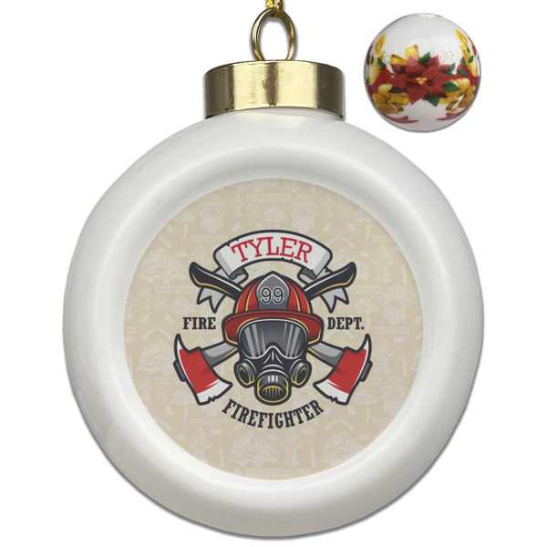 Custom Firefighter Ceramic Ball Ornaments - Poinsettia Garland (Personalized)