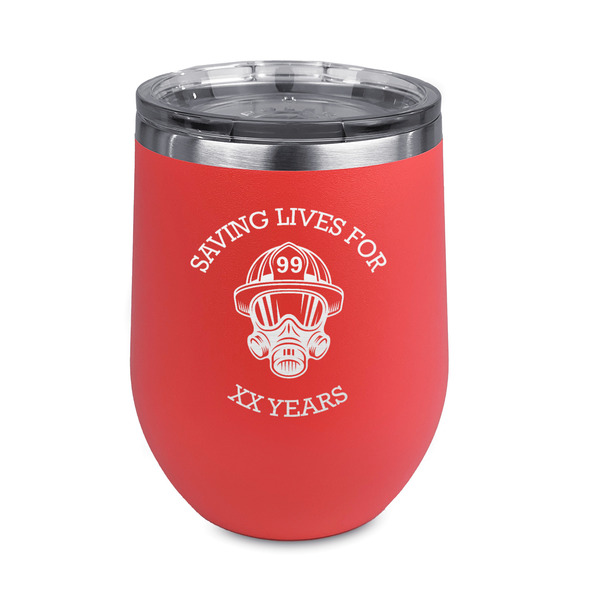 Custom Firefighter Stemless Stainless Steel Wine Tumbler - Coral - Double Sided (Personalized)