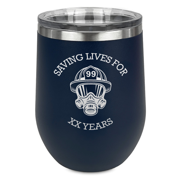 Custom Firefighter Stemless Stainless Steel Wine Tumbler - Navy - Single Sided (Personalized)