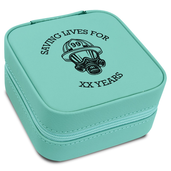 Custom Firefighter Travel Jewelry Box - Teal Leather (Personalized)