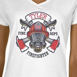 Firefighter Women's V-Neck T-Shirt - White - Large (Personalized)