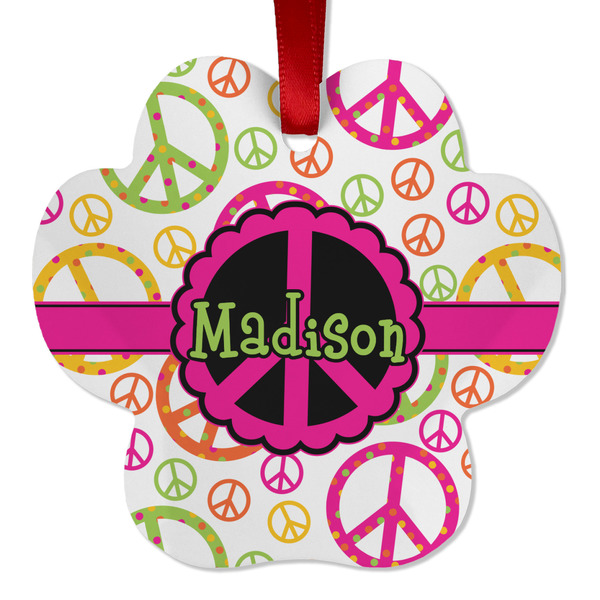 Custom Peace Sign Metal Paw Ornament - Double Sided w/ Name or Text