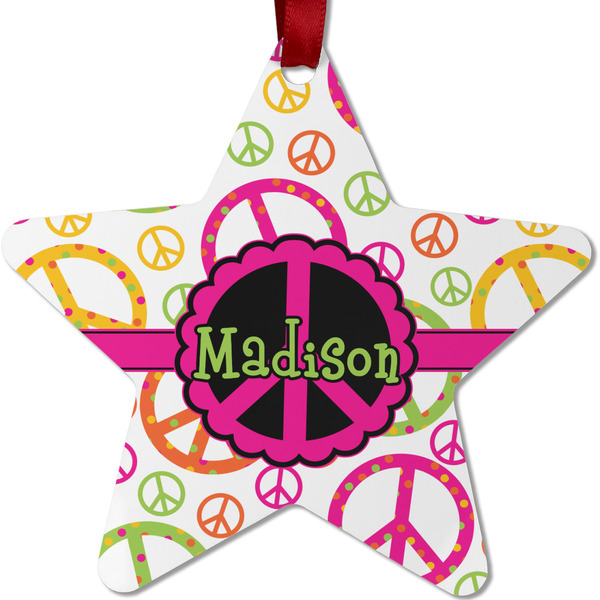 Custom Peace Sign Metal Star Ornament - Double Sided w/ Name or Text