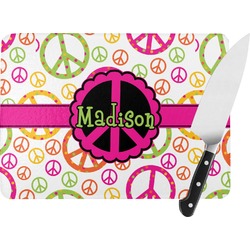 Peace Sign Rectangular Glass Cutting Board - Large - 15.25"x11.25" w/ Name or Text