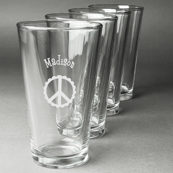 Custom Peace Sign Pint Glasses - Engraved (Set of 4) (Personalized)