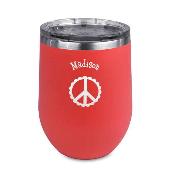 Custom Peace Sign Stemless Stainless Steel Wine Tumbler - Coral - Double Sided (Personalized)