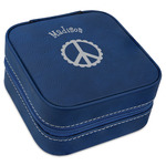 Peace Sign Travel Jewelry Box - Navy Blue Leather (Personalized)