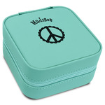 Peace Sign Travel Jewelry Box - Teal Leather (Personalized)