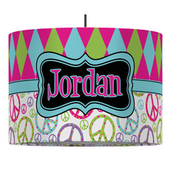 Harlequin & Peace Signs 16" Drum Pendant Lamp - Fabric (Personalized)