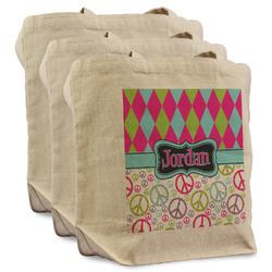 Harlequin & Peace Signs Reusable Cotton Grocery Bags - Set of 3 (Personalized)