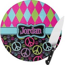 Harlequin & Peace Signs Round Glass Cutting Board - Small (Personalized)