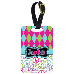 Harlequin & Peace Signs Metal Luggage Tag w/ Name or Text