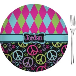 Harlequin & Peace Signs Glass Appetizer / Dessert Plate 8" (Personalized)