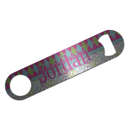 Harlequin & Peace Signs Bar Bottle Opener - Silver w/ Name or Text