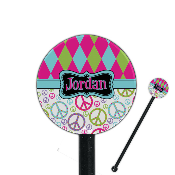 Custom Harlequin & Peace Signs 5.5" Round Plastic Stir Sticks - Black - Double Sided (Personalized)