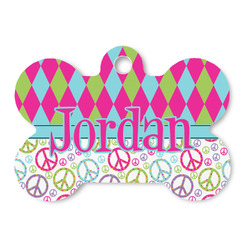 Harlequin & Peace Signs Bone Shaped Dog ID Tag - Large (Personalized)