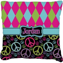 Harlequin & Peace Signs Faux-Linen Throw Pillow 20" (Personalized)