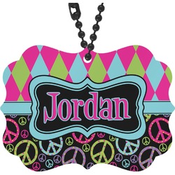 Harlequin & Peace Signs Rear View Mirror Charm (Personalized)