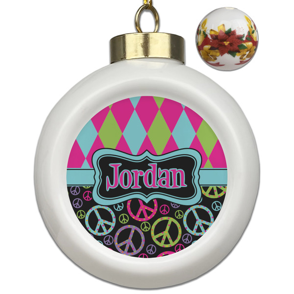 Custom Harlequin & Peace Signs Ceramic Ball Ornaments - Poinsettia Garland (Personalized)