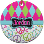 Harlequin & Peace Signs Round Ceramic Ornament w/ Name or Text