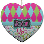 Harlequin & Peace Signs Heart Ceramic Ornament w/ Name or Text