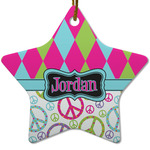 Harlequin & Peace Signs Star Ceramic Ornament w/ Name or Text