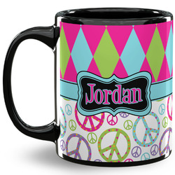 Harlequin & Peace Signs 11 Oz Coffee Mug - Black (Personalized)