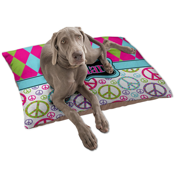 Custom Harlequin & Peace Signs Dog Bed - Large w/ Name or Text